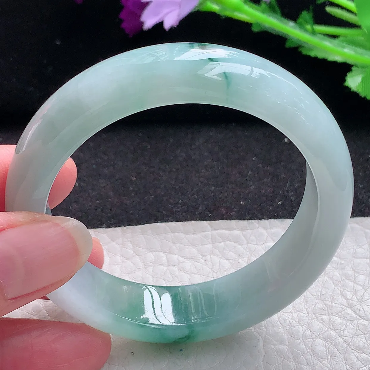 jm小圈口53*14.3*8平安镯 缅甸翡翠A货冰飘花宽边玉手镯玉手环