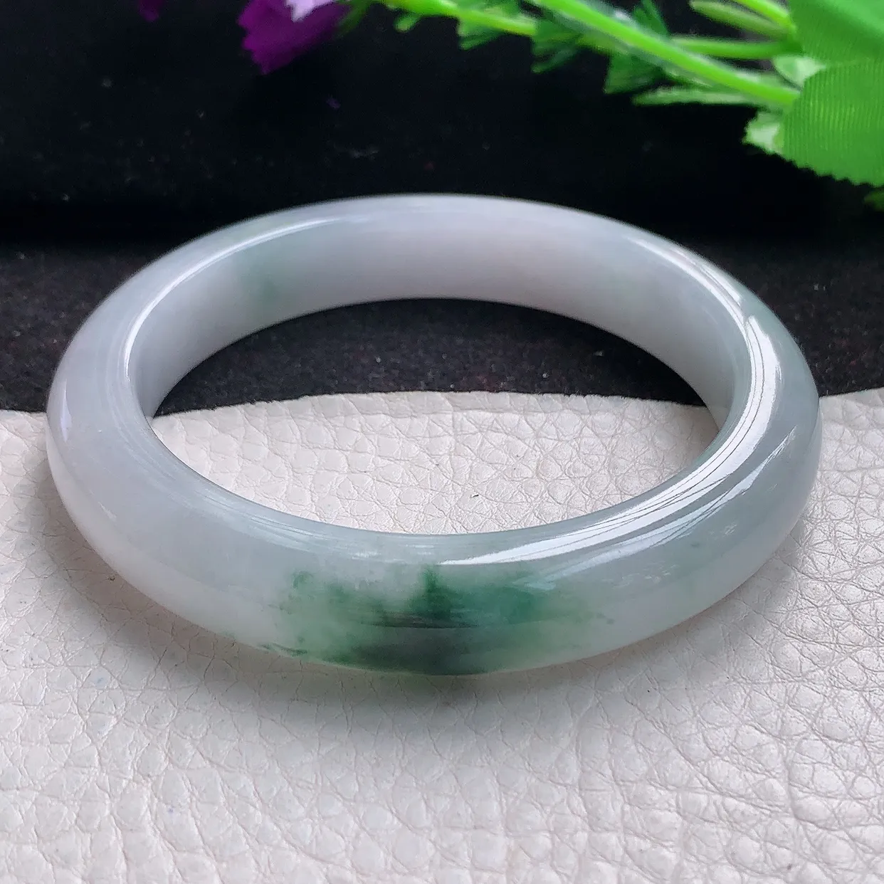 js自然光59*12*9平安镯 缅甸翡翠A货飘花宽边玉手镯玉手环