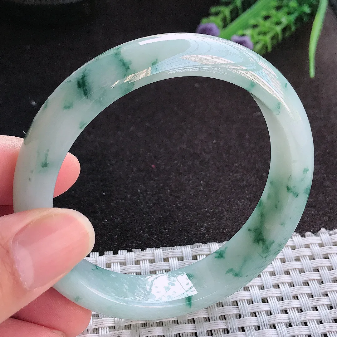 天然A货翡翠58/13.5/8.1老坑冰润起胶飘花手镯宽边玉镯