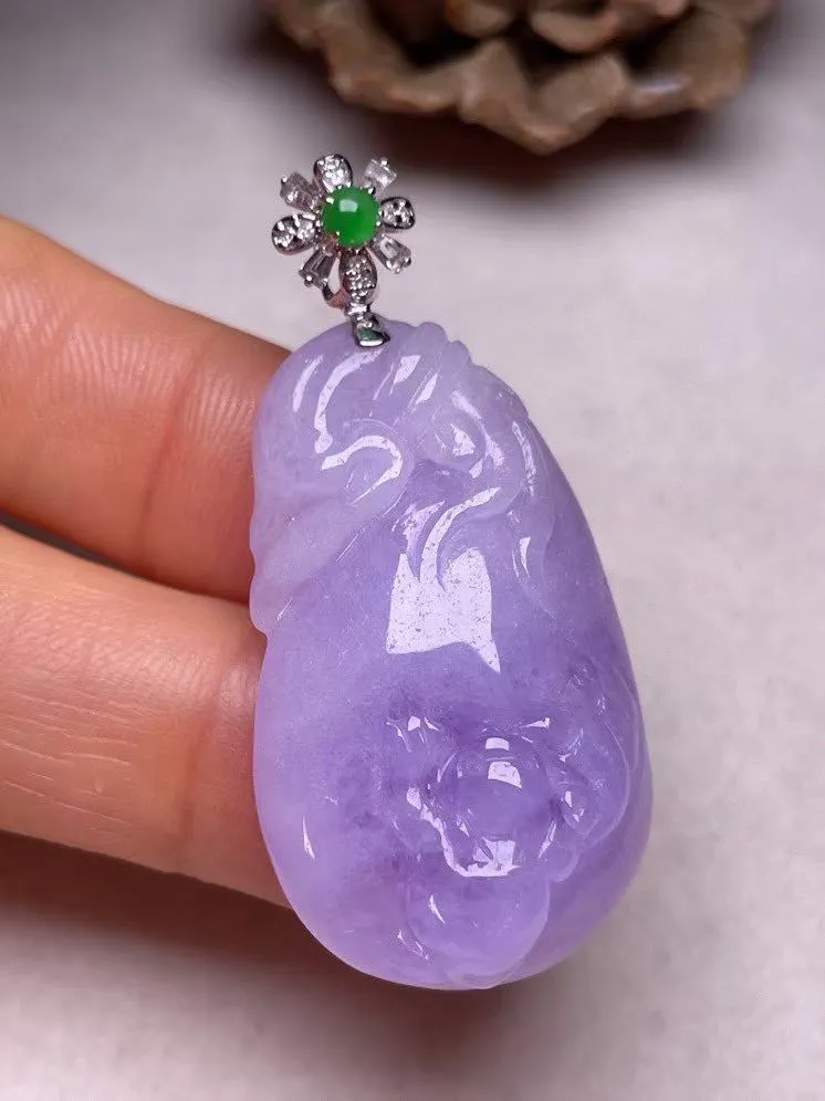 冰糯种紫罗兰【代代有福】吊坠、真金真钻镶嵌，种水好，玉质细腻 .裸石尺寸 36.0*21.0