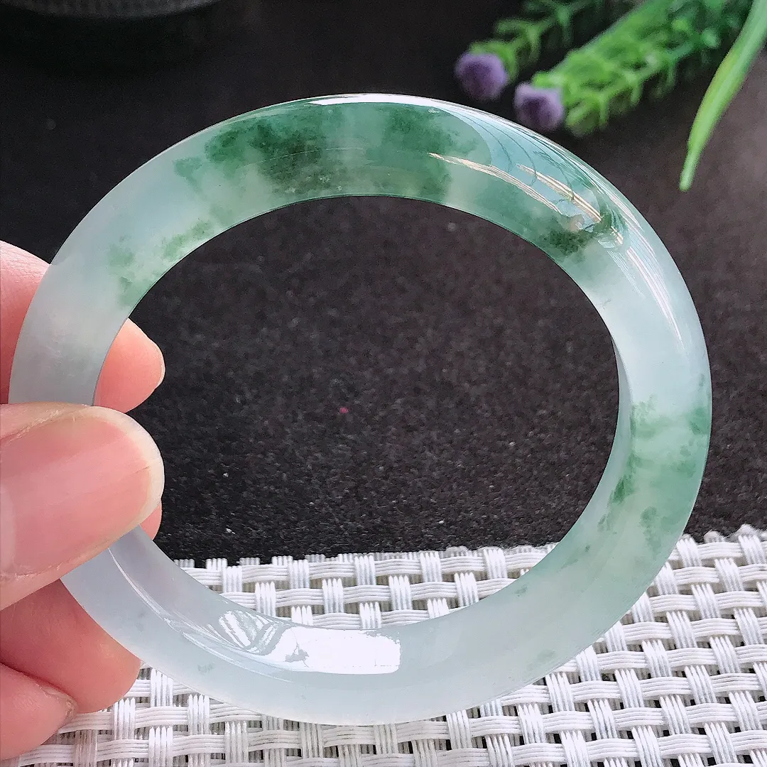 天然A货翡翠54.5/10.7/8.8老坑冰透果冻胶冰飘花手镯宽边玉镯