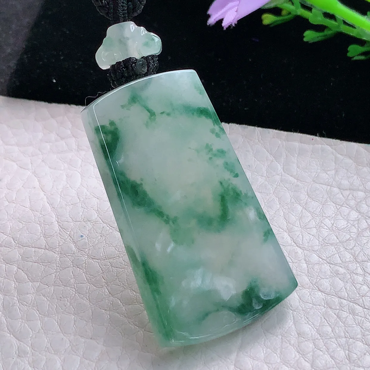 yl实拍46.3*27*6天然缅甸翡翠冰飘花平安无事牌吊坠 意境素面牌玉坠