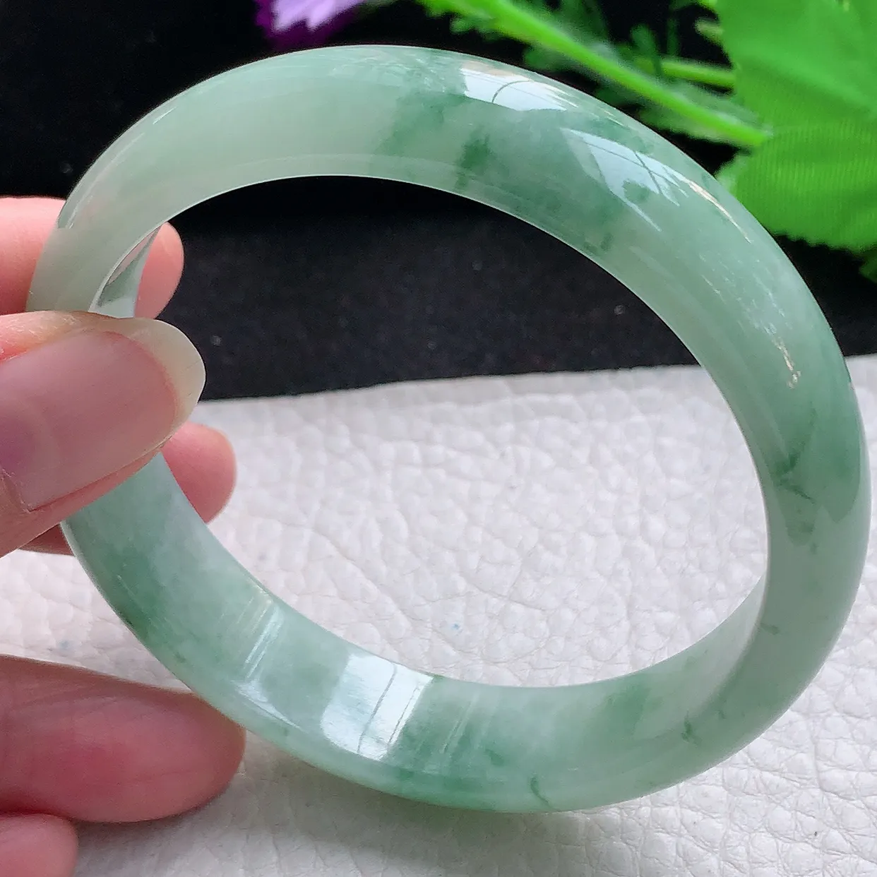 hy大圈口61*14.5*7平安镯 缅甸翡翠A货冰飘花宽边玉手镯玉手环