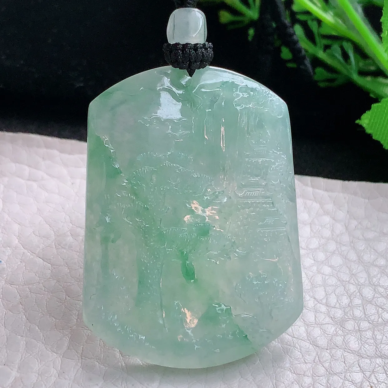 yl实拍50*37.5*5.6天然缅甸翡翠冰飘花山水牌吊坠 精雕悠然自得玉坠渊源流长