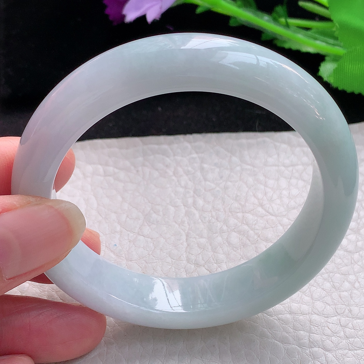 z自然光55*12.8*8.8平安镯 缅甸翡翠A货淡春带彩宽边玉手镯玉手环