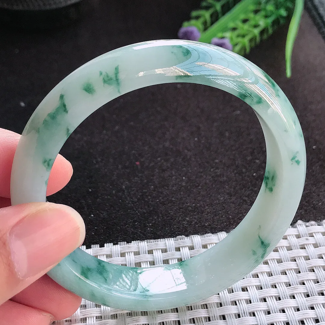 天然A货翡翠58/13.5/8.1老坑冰润起胶飘花手镯宽边玉镯