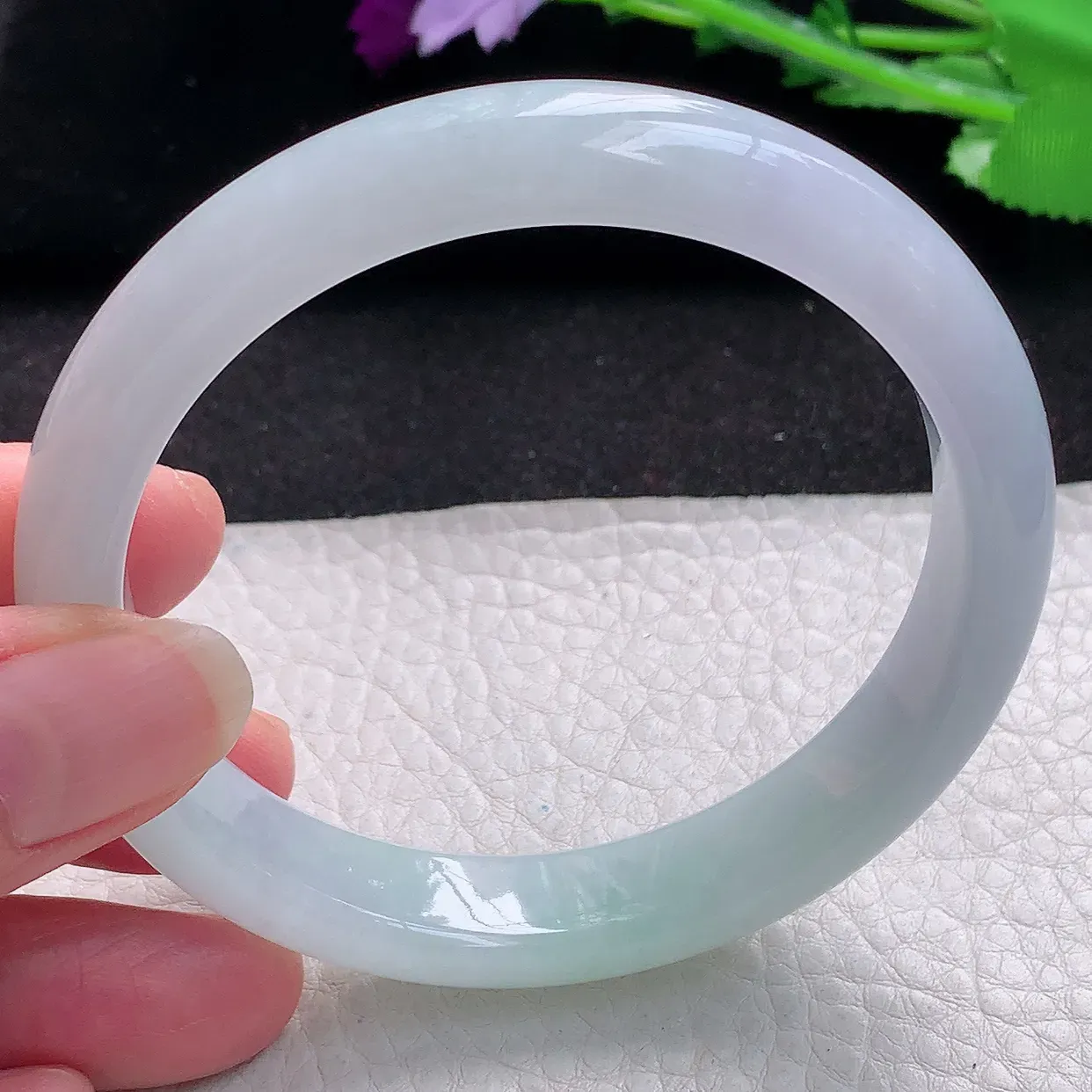 js大圈口60*11.8*7.5平安镯 缅甸翡翠A货冰胶淡春彩宽边玉手镯玉手环