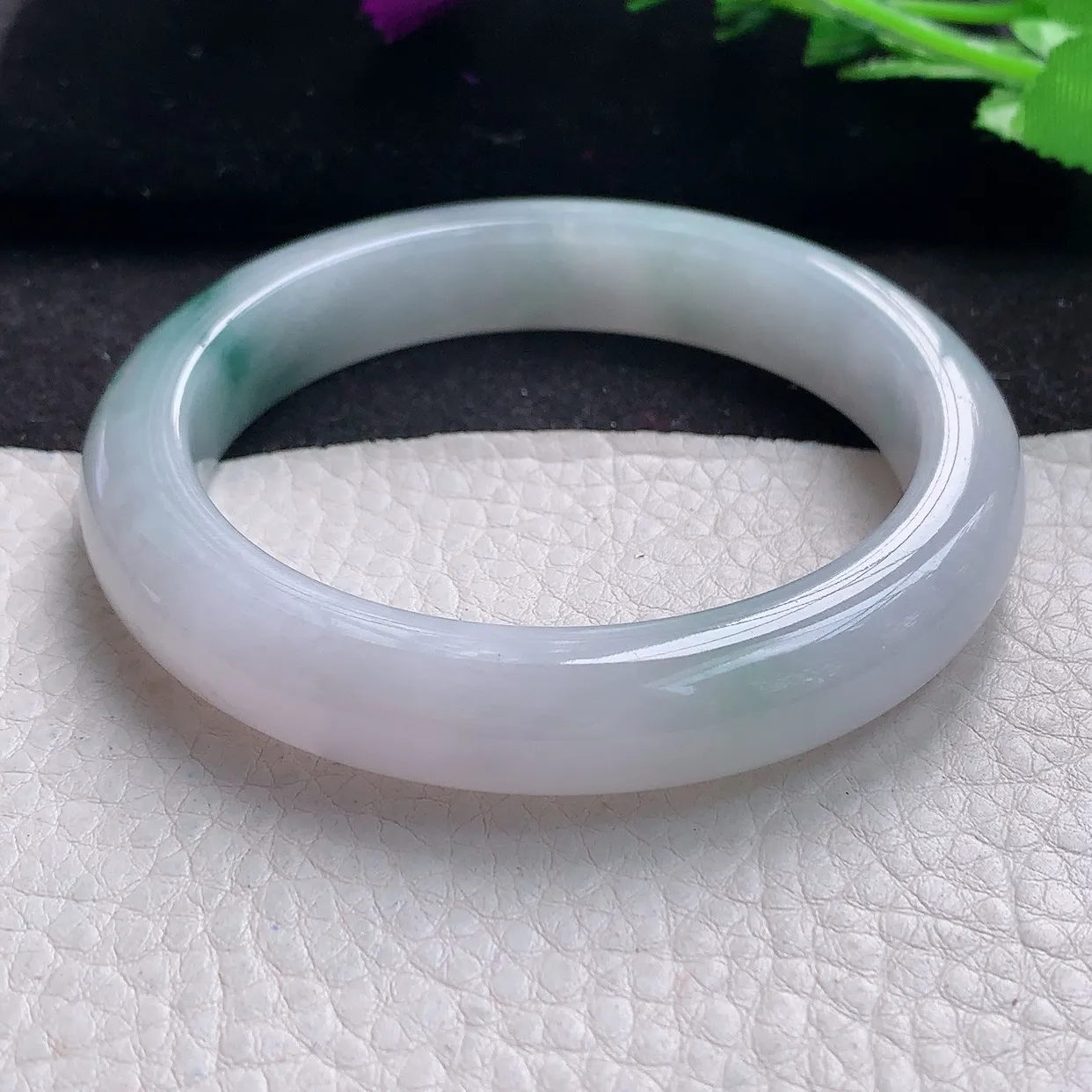 js自然光59*12*9平安镯 缅甸翡翠A货飘花宽边玉手镯玉手环