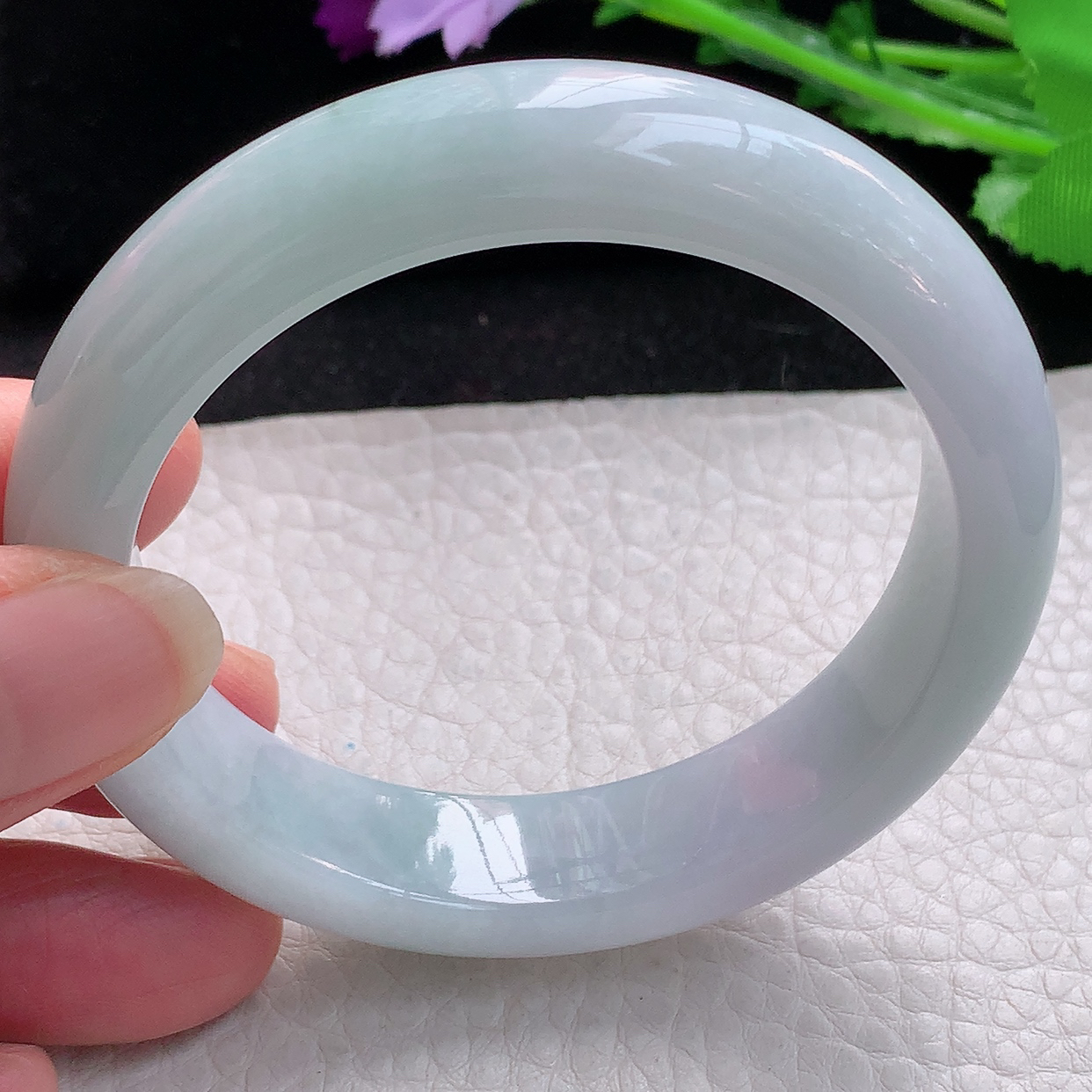 z自然光55*12.8*8.8平安镯 缅甸翡翠A货淡春带彩宽边玉手镯玉手环