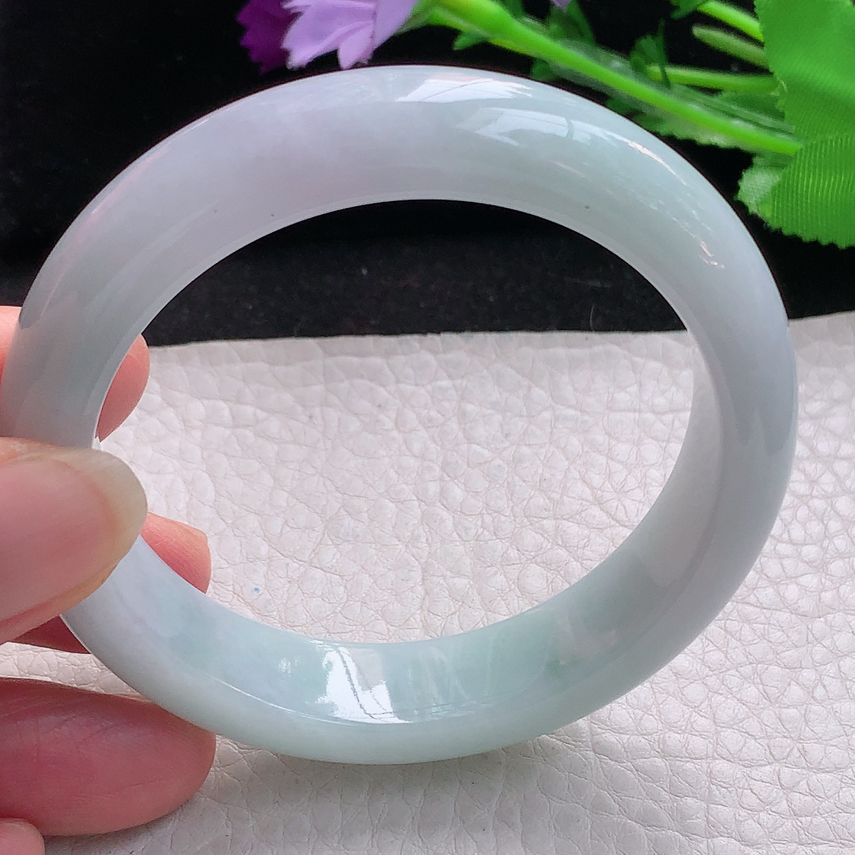 z自然光55*12.8*8.8平安镯 缅甸翡翠A货淡春带彩宽边玉手镯玉手环