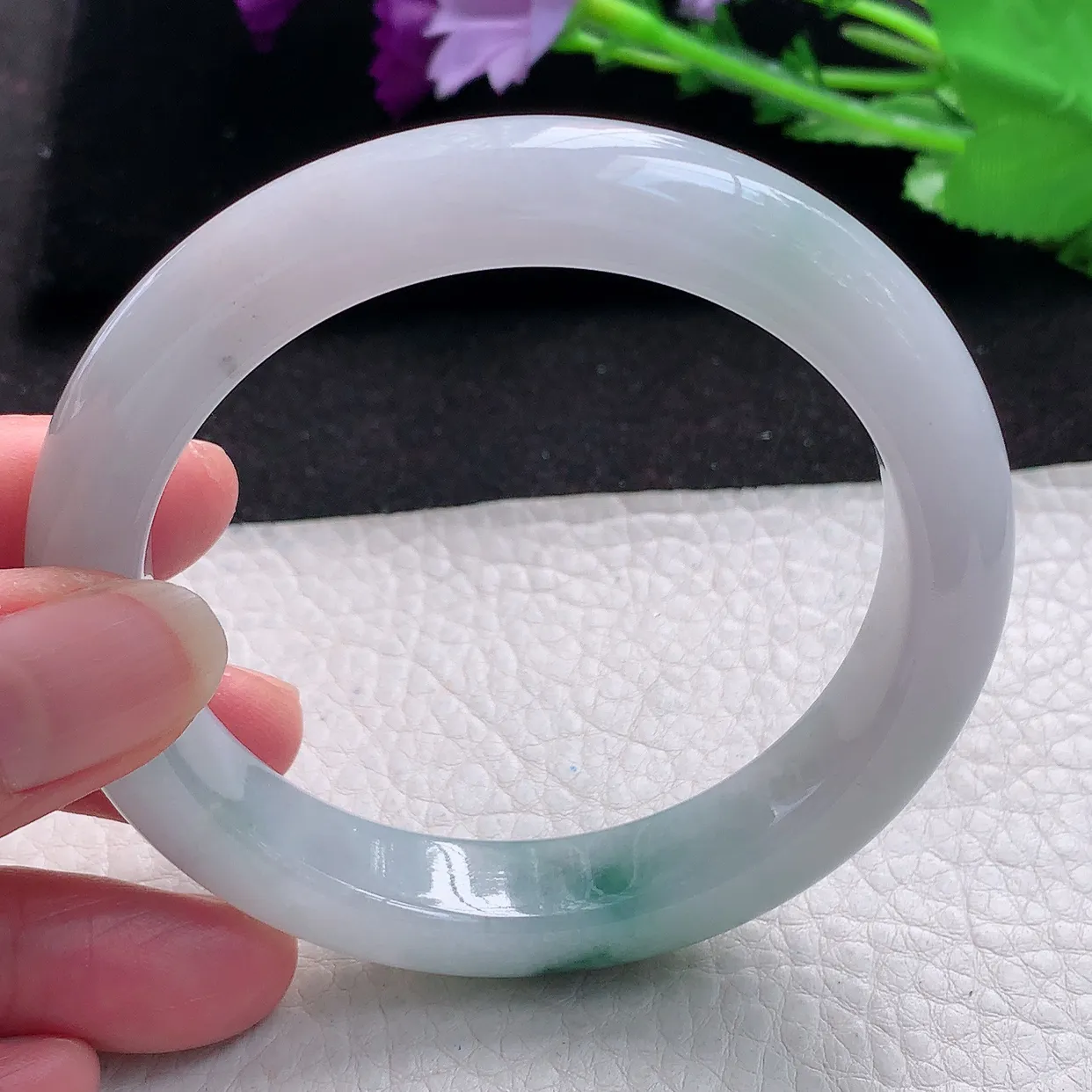 js自然光59*12*9平安镯 缅甸翡翠A货飘花宽边玉手镯玉手环