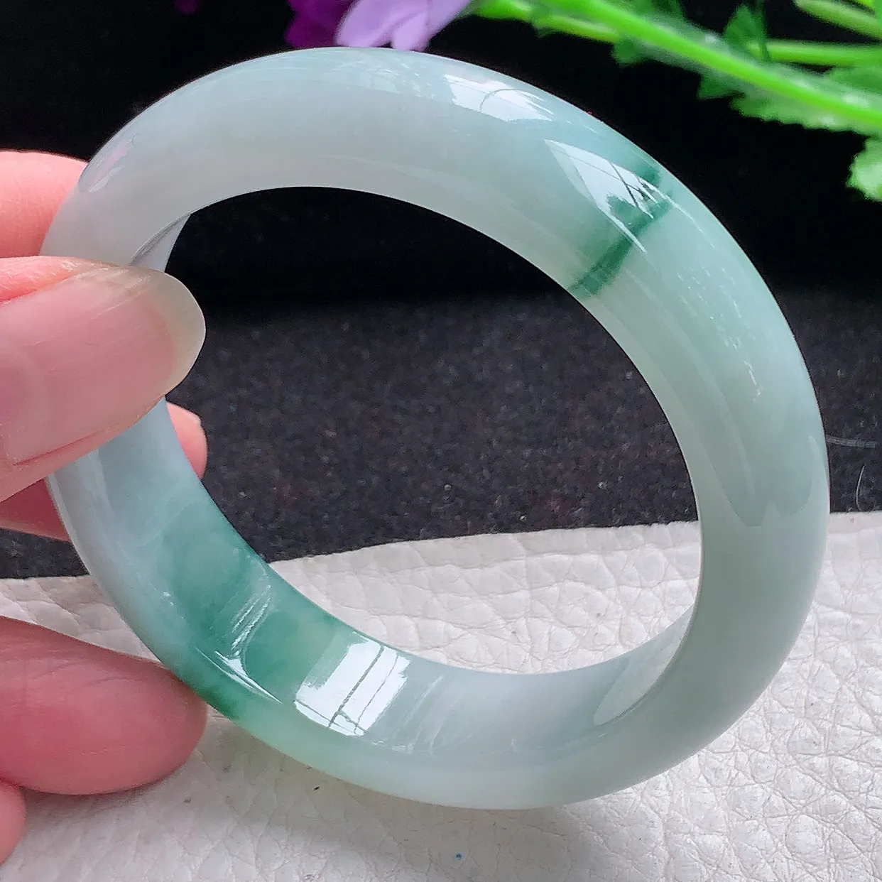 jm小圈口53*14.3*8平安镯 缅甸翡翠A货冰飘花宽边玉手镯玉手环