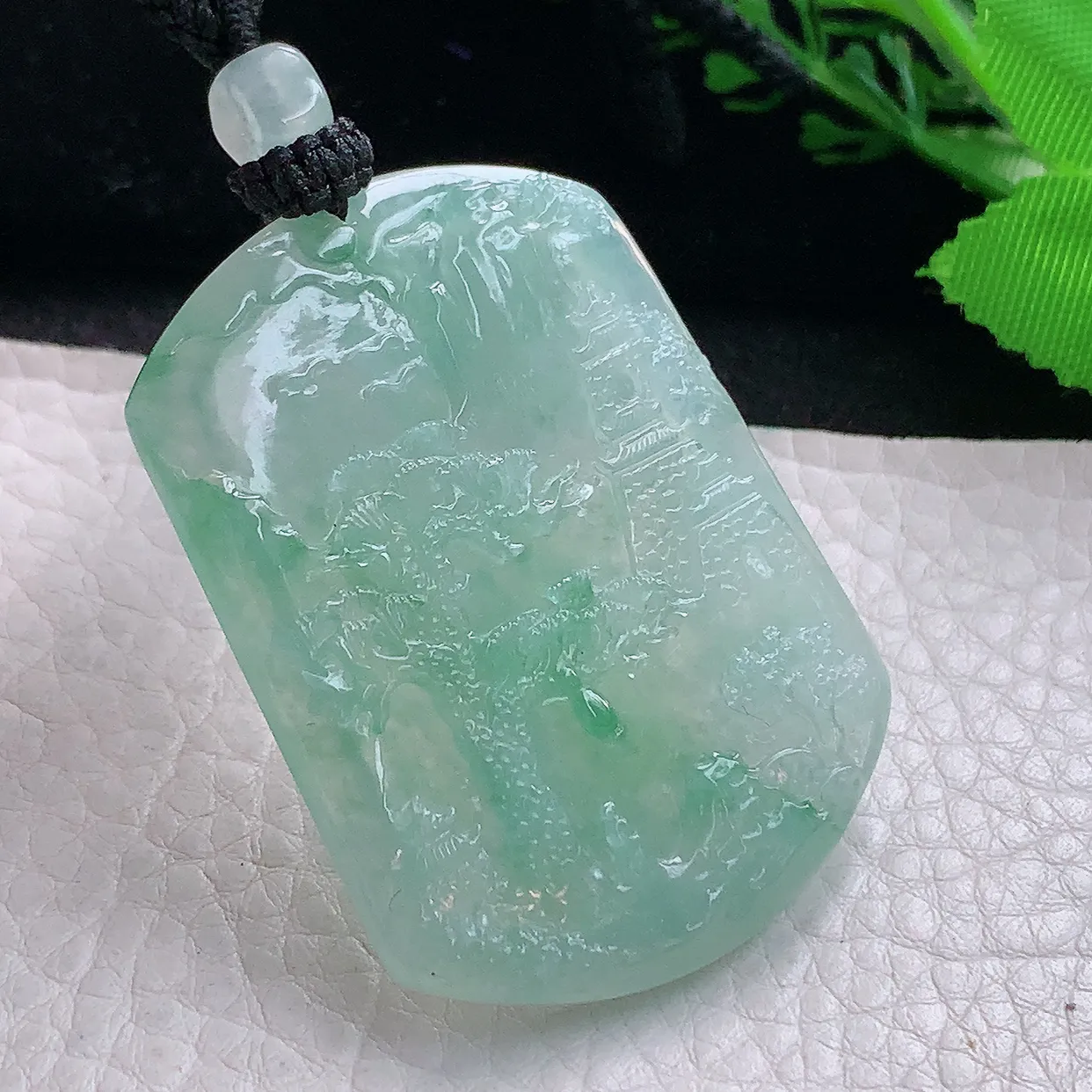 yl实拍50*37.5*5.6天然缅甸翡翠冰飘花山水牌吊坠 精雕悠然自得玉坠渊源流长