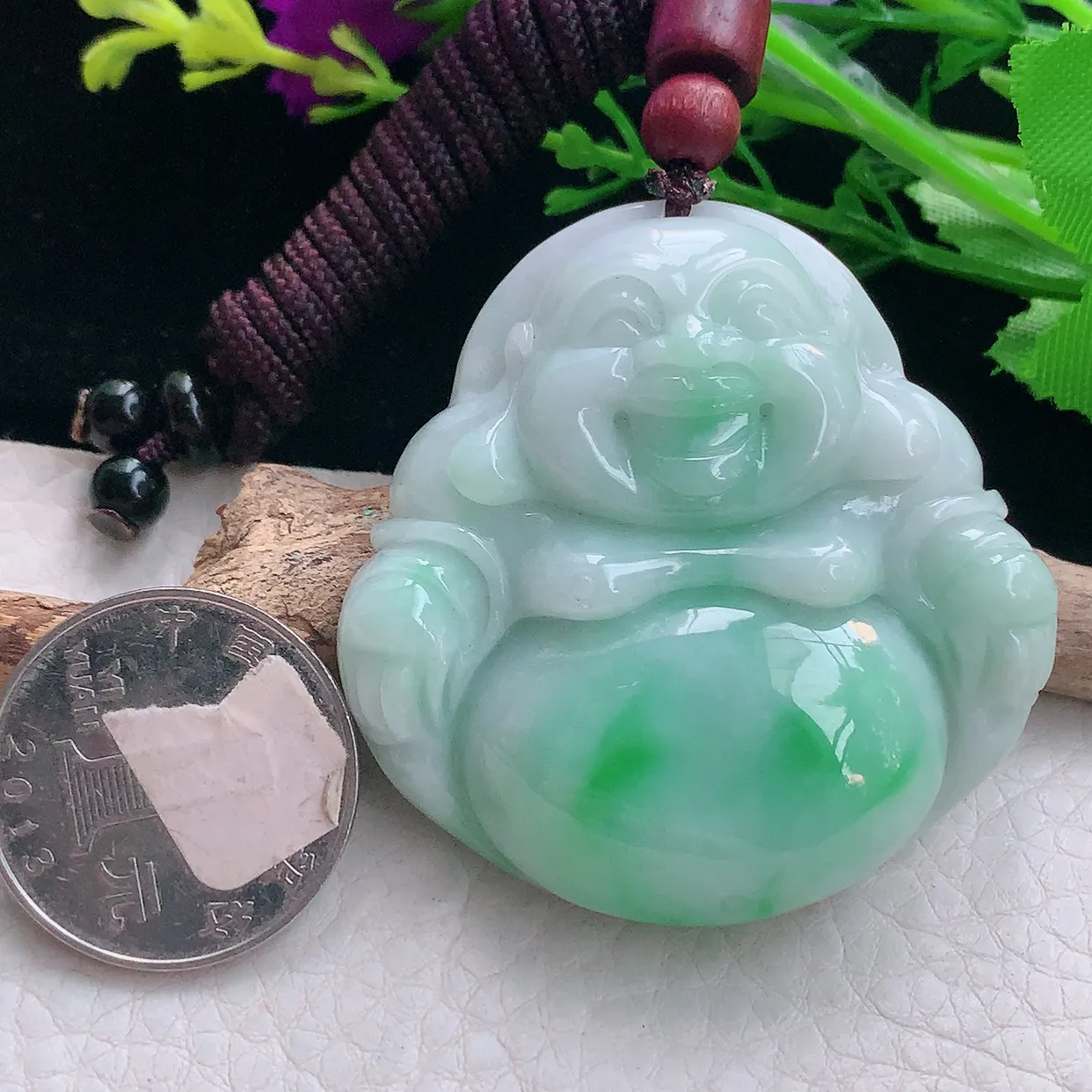 zen实拍48.6*47.8*12.3天然缅甸翡翠飘绿大佛公吊坠 毛衣坠