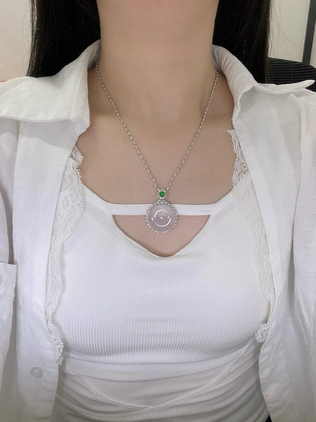 【冰种平安扣】老坑雪花棉，质地非常细腻，冰润十足，种老冰透，收藏品质，18k金钻镶嵌，裸石尺寸22.5*4.8毫米