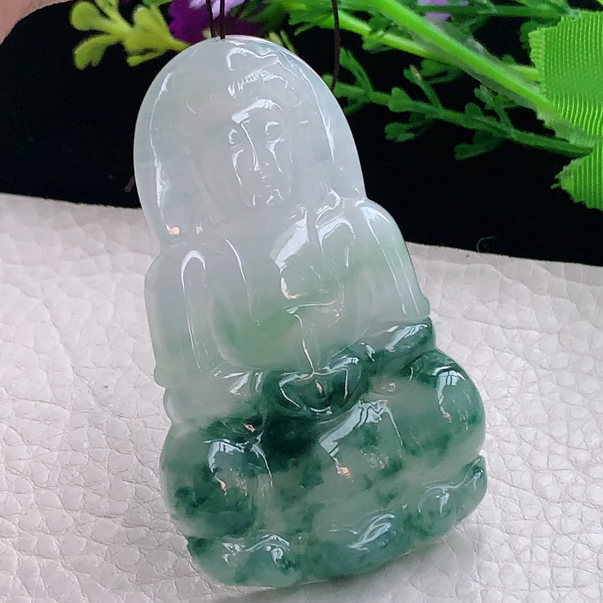 zen实拍63.5*39.2*5.8天然缅甸翡翠飘花大观音牌吊坠 观世音菩萨