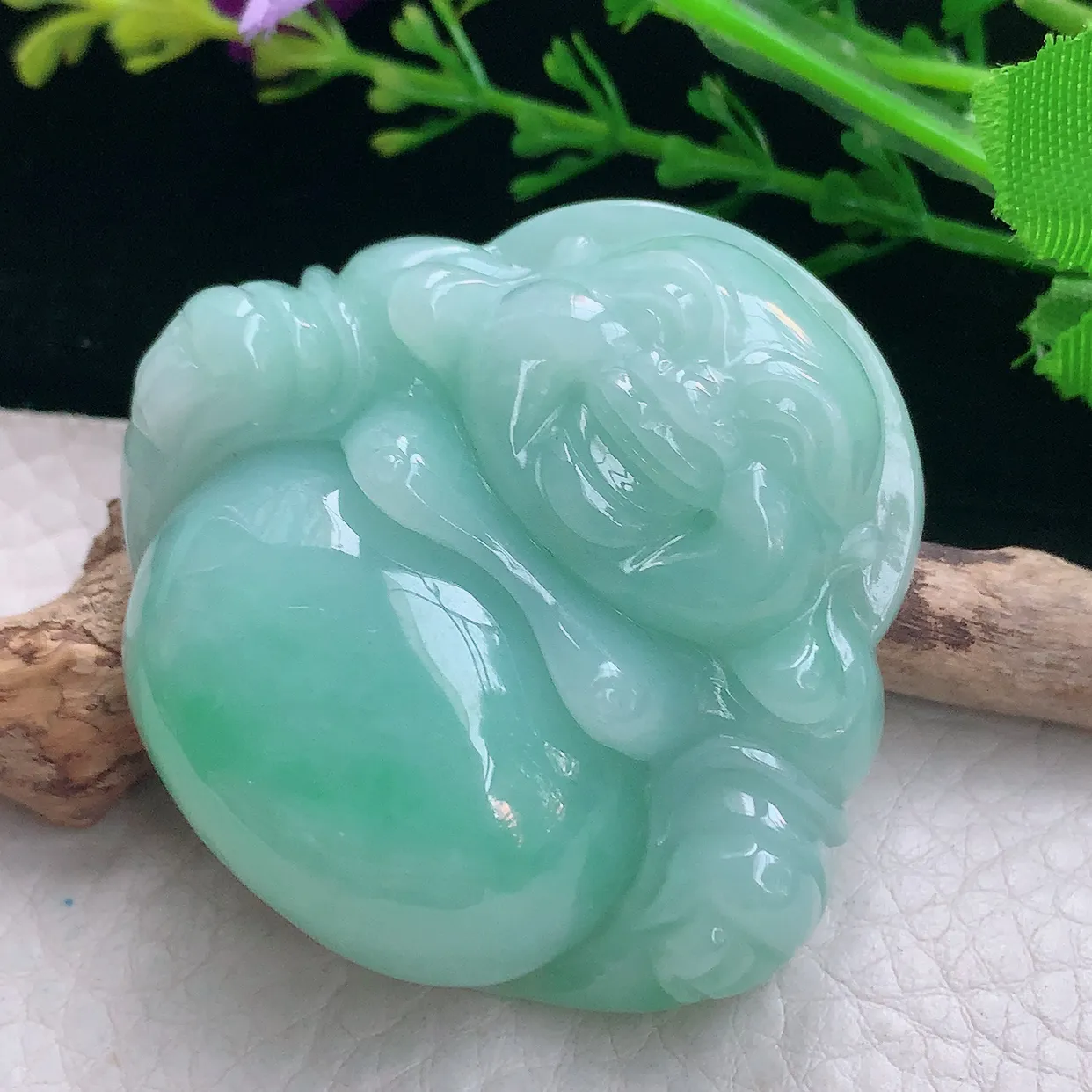 zen实拍46.3*50.5*15天然缅甸翡翠浅绿大佛公吊坠 弥勒笑佛毛衣坠