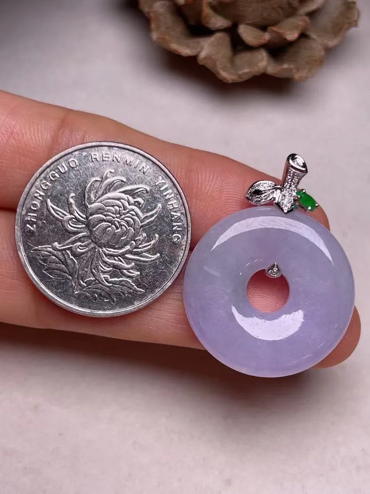 冰糯种紫罗兰【平安扣】吊坠、真金真钻镶嵌，种水好，玉质细腻 .裸石尺寸 24.0