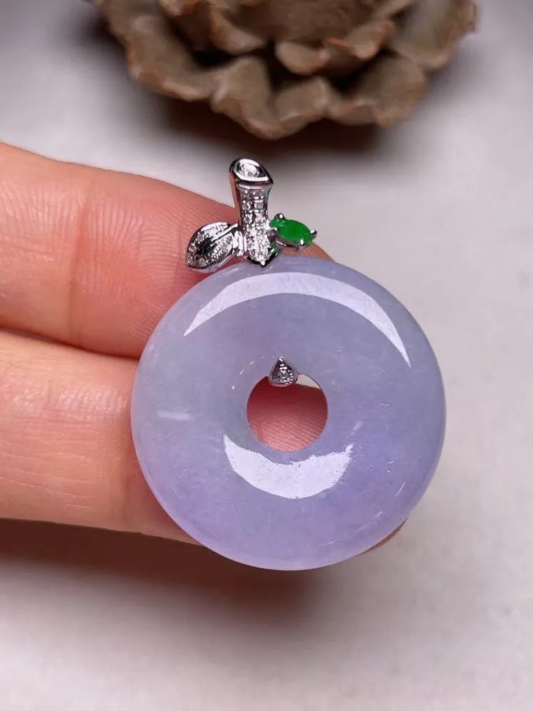 冰糯种紫罗兰【平安扣】吊坠、真金真钻镶嵌，种水好，玉质细腻 .裸石尺寸 24.0