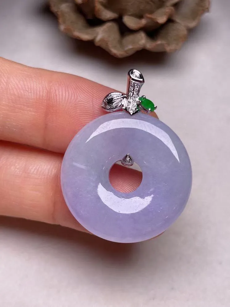 冰糯种紫罗兰【平安扣】吊坠、真金真钻镶嵌，种水好，玉质细腻 .裸石尺寸 24.0