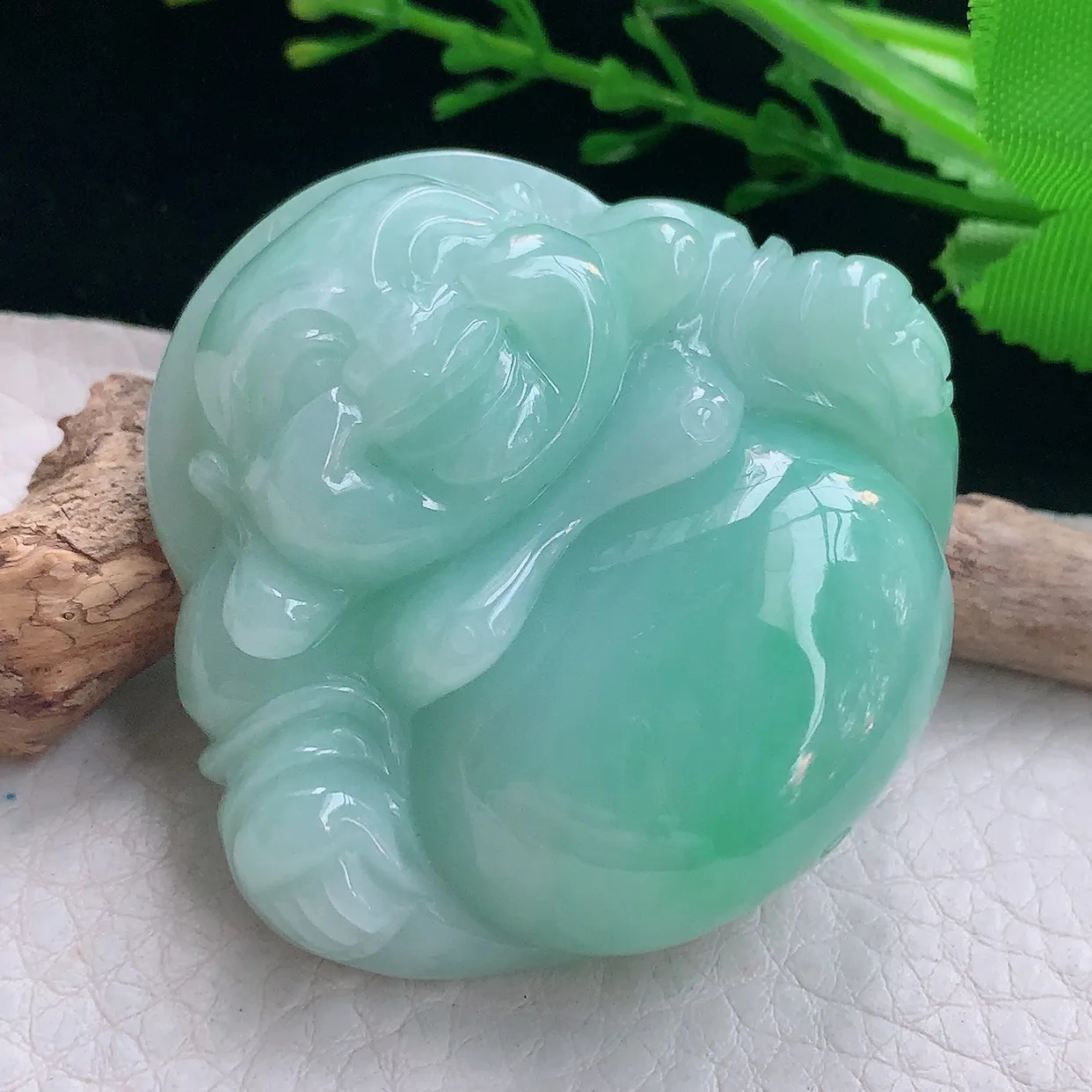 zen实拍46.3*50.5*15天然缅甸翡翠浅绿大佛公吊坠 弥勒笑佛毛衣坠