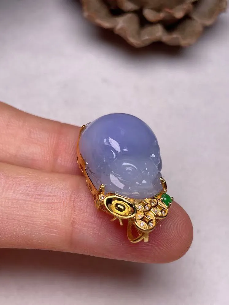 冰糯种紫罗兰【招财金蝉】吊坠、真金真钻镶嵌，种水好，玉质细腻 .裸石尺寸 21.3*15.7