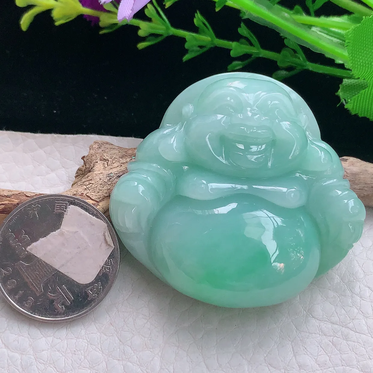 zen实拍46.3*50.5*15天然缅甸翡翠浅绿大佛公吊坠 弥勒笑佛毛衣坠