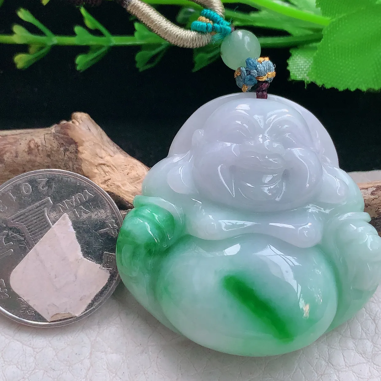 zen实拍41*42*11天然缅甸翡翠飘绿大肚佛公吊坠 弥勒佛毛衣坠