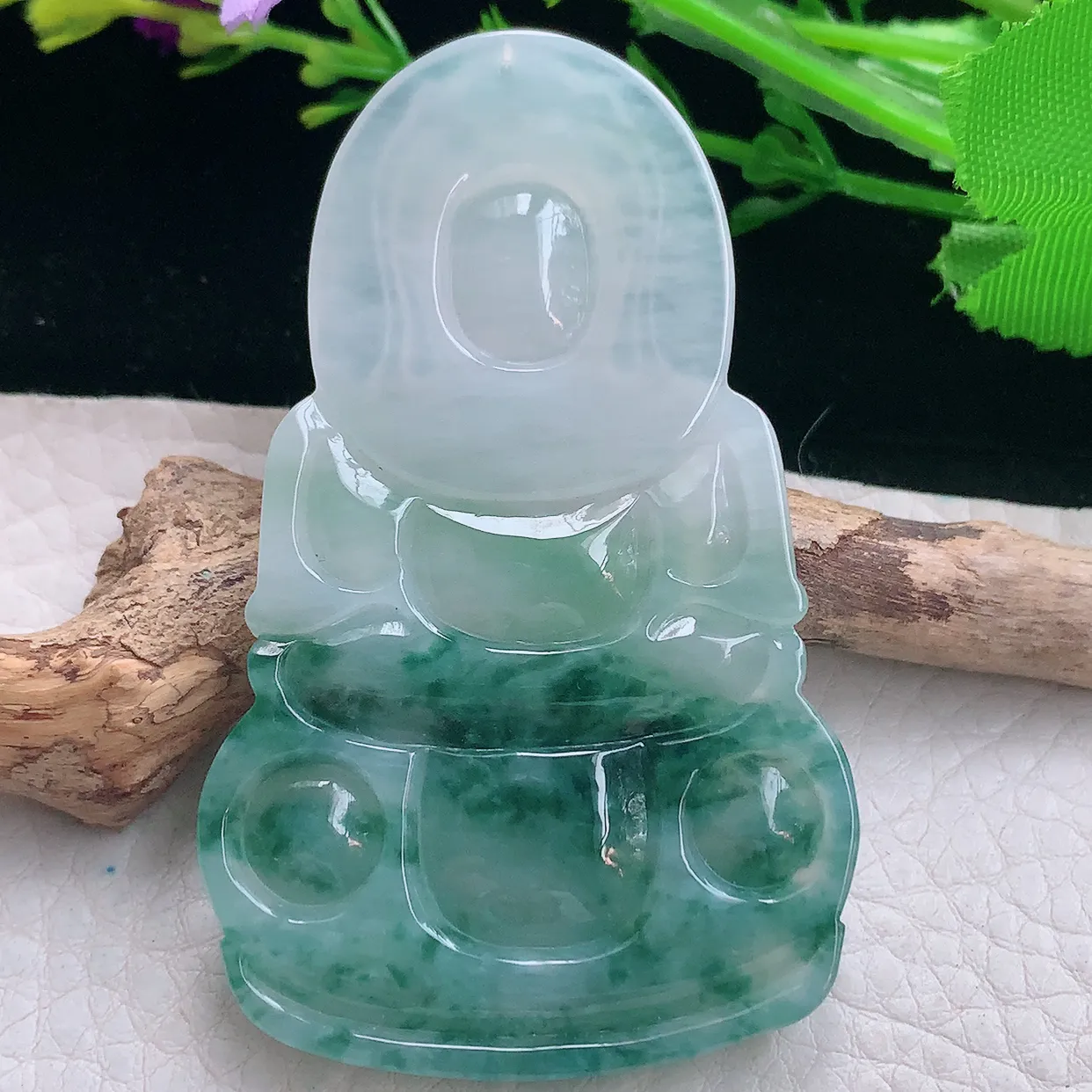 zen实拍63.5*39.2*5.8天然缅甸翡翠飘花大观音牌吊坠 观世音菩萨