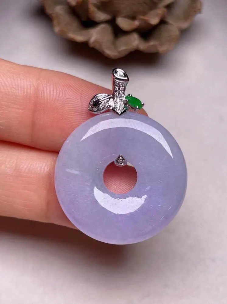 冰糯种紫罗兰【平安扣】吊坠、真金真钻镶嵌，种水好，玉质细腻 .裸石尺寸 24.0