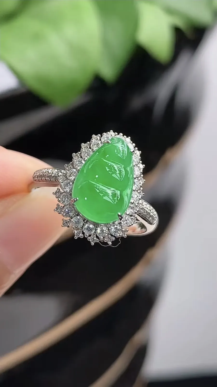 a货翡翠冰种18K金伴钻镶嵌阳绿四季豆福豆平安豆戒指 圈口17.3裸石尺寸11×7mm 重量2.85g 1216