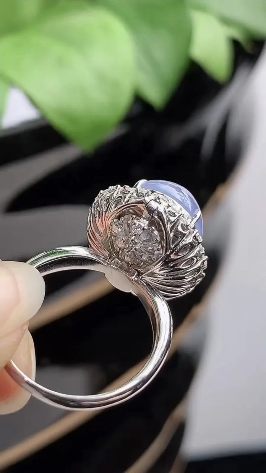 a货翡翠冰种18K金伴钻镶嵌紫罗兰蛋面戒指吊坠两用款 圈口17裸石尺寸12×10.8mm 重量6.83g 1216