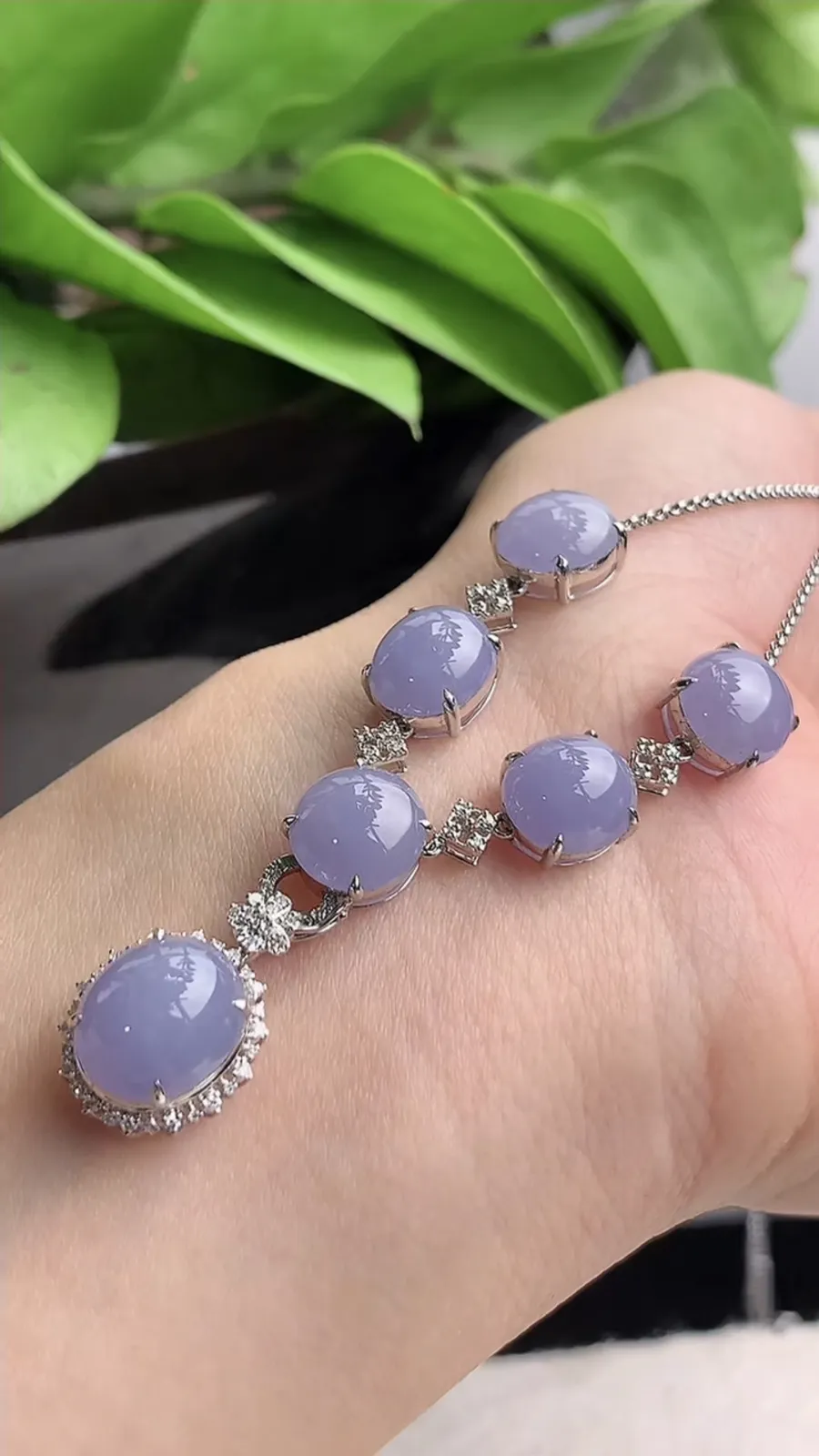 a货翡翠老坑冰种18K金伴钻镶嵌紫罗兰蛋面项链 尺寸10×9×9mm 重量8.82g 1215