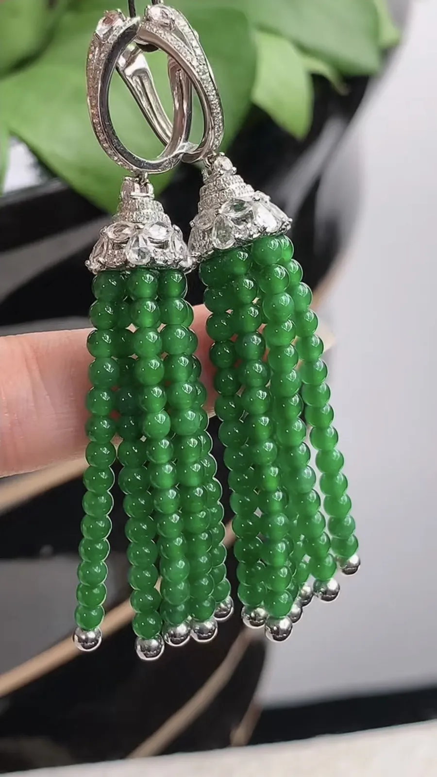 a货翡翠冰种18K金伴钻镶嵌满绿圆珠转运珠耳坠 尺寸2.8mm 重量12.96g 1216