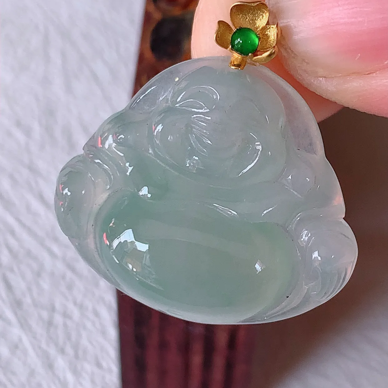 18K金镶嵌冰种翡翠佛公吊坠，玉笑佛，饱满，开脸喜庆，品佳品，配戴优雅迷人！#12.18整体25裸石24*20.5*5.8