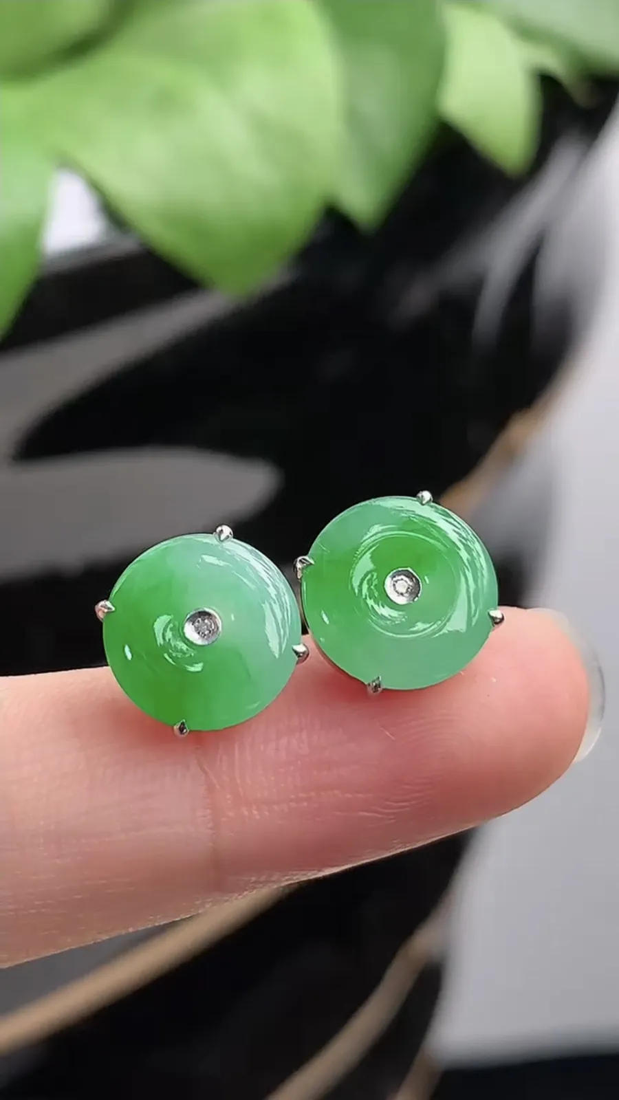 a货翡翠冰种18K金镶嵌飘绿平安扣耳钉 尺寸9.7mm 重量2.55g 1216