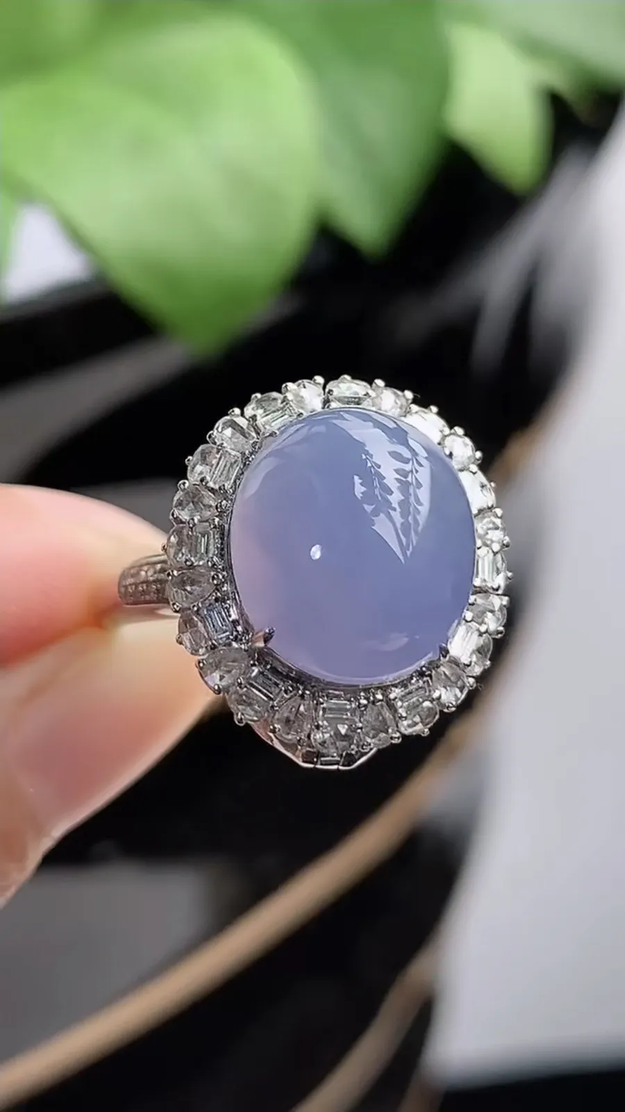 a货翡翠冰种18K金伴钻镶嵌紫罗兰蛋面戒指吊坠两用款 圈口17裸石尺寸12×10.8mm 重量6.83g 1216