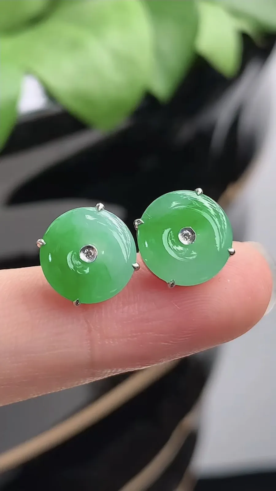 a货翡翠冰种18K金镶嵌飘绿平安扣耳钉 尺寸9.7mm 重量2.55g 1216