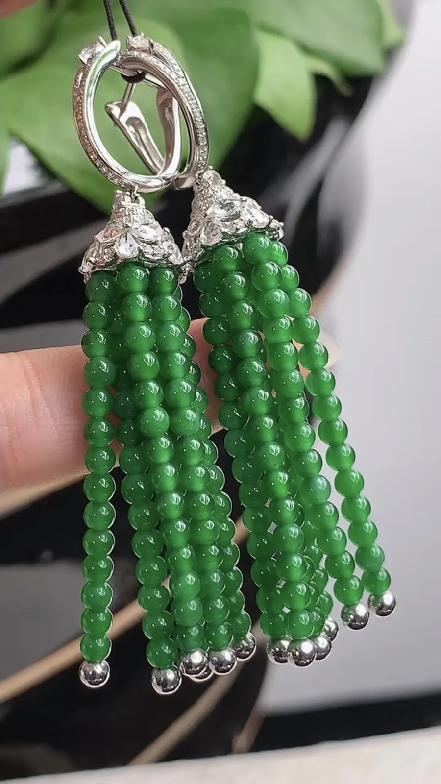 a货翡翠冰种18K金伴钻镶嵌满绿圆珠转运珠耳坠 尺寸2.8mm 重量12.96g 1216