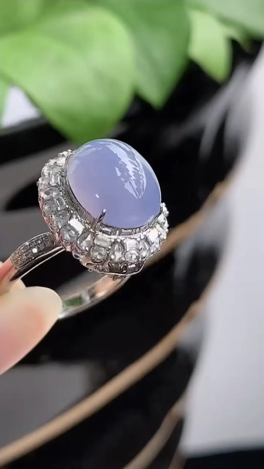 a货翡翠冰种18K金伴钻镶嵌紫罗兰蛋面戒指吊坠两用款 圈口17裸石尺寸12×10.8mm 重量6.83g 1216