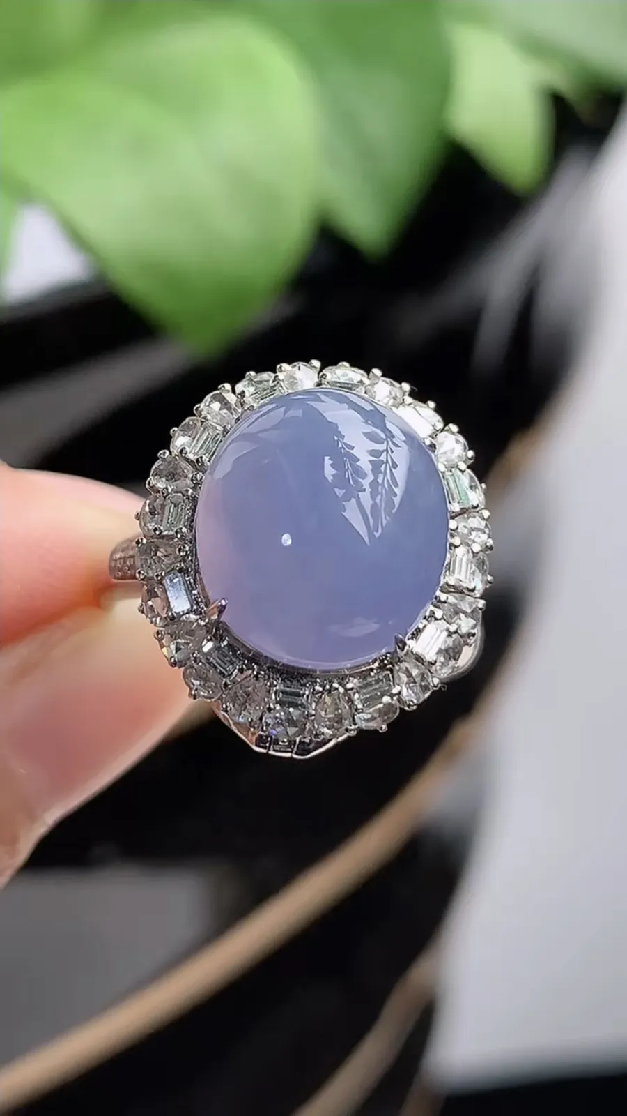 a货翡翠冰种18K金伴钻镶嵌紫罗兰蛋面戒指吊坠两用款 圈口17裸石尺寸12×10.8mm 重量6.83g 1216