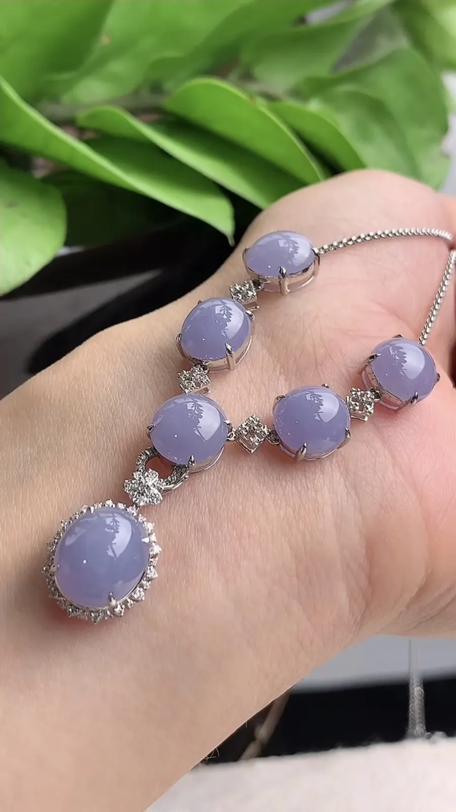 a货翡翠老坑冰种18K金伴钻镶嵌紫罗兰蛋面项链 尺寸10×9×9mm 重量8.82g 1215