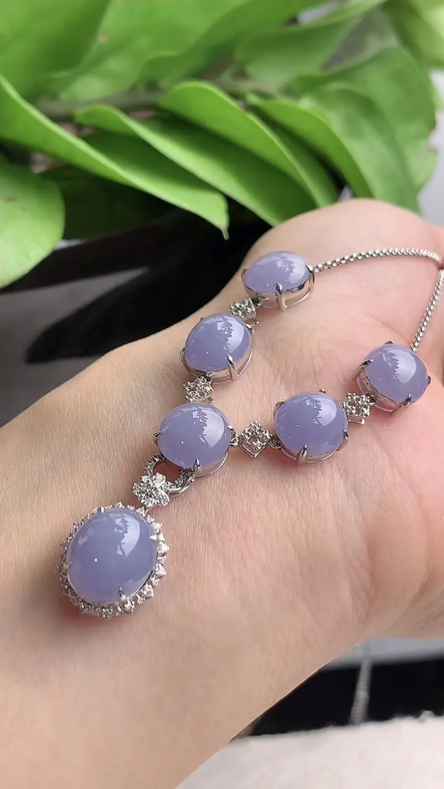 a货翡翠老坑冰种18K金伴钻镶嵌紫罗兰蛋面项链 尺寸10×9×9mm 重量8.82g 1215