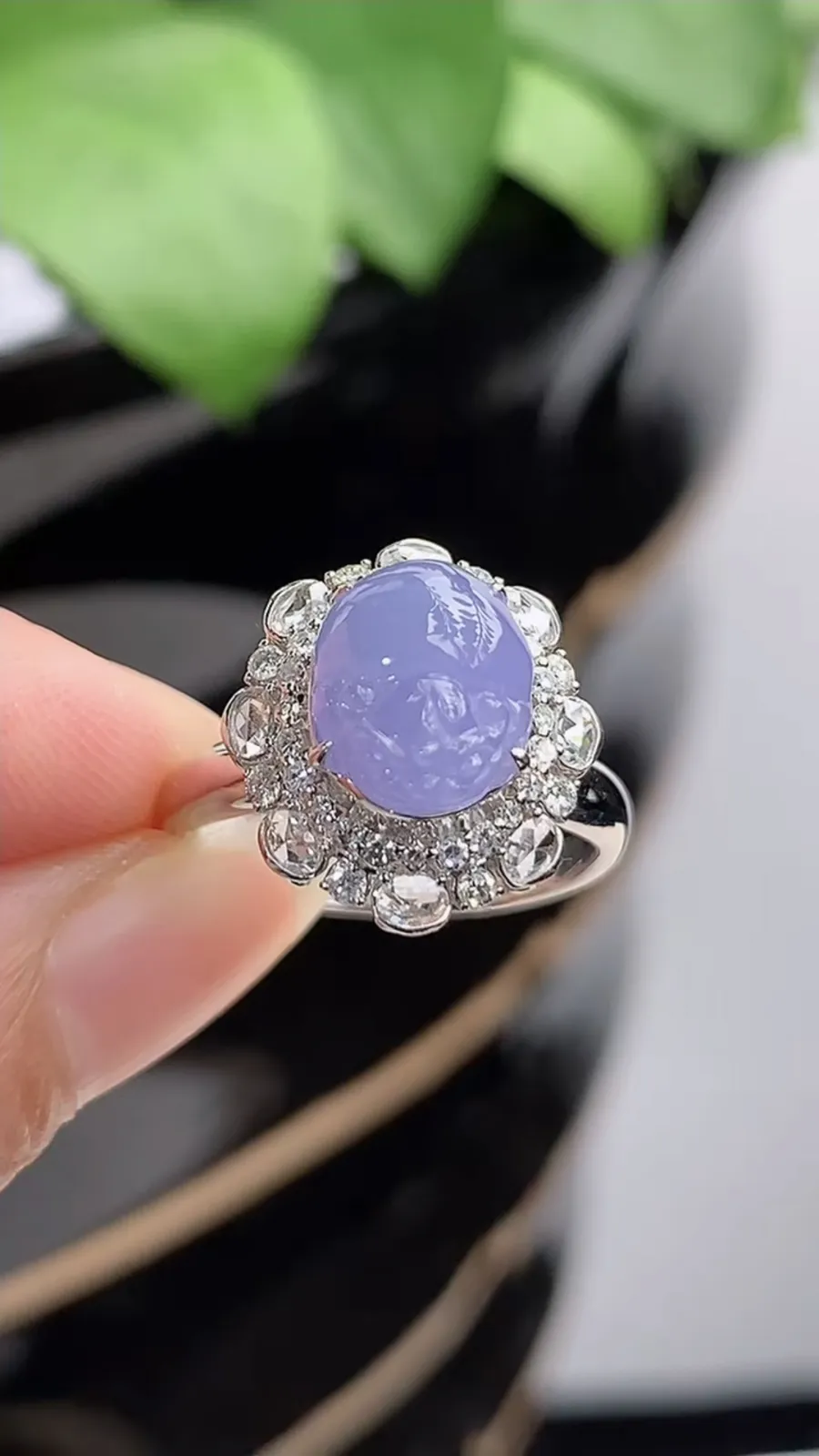 a货翡翠冰种18K金伴钻镶嵌紫罗兰招财金蟾戒指 圈口17裸石尺寸9×7.6mm 重量3.93g 12