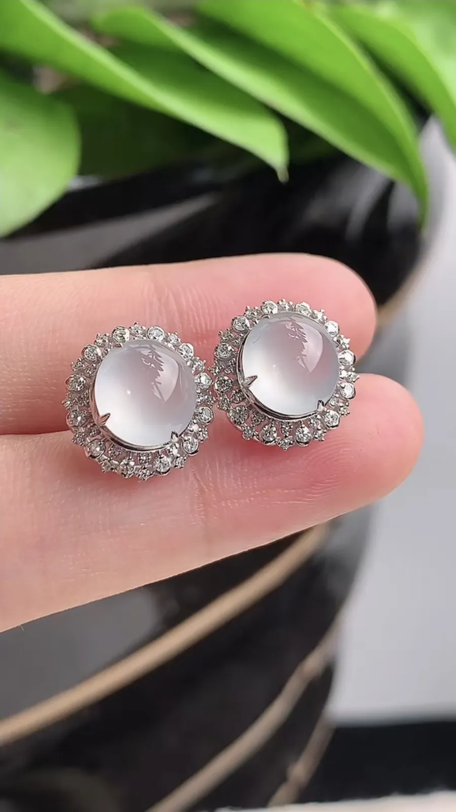 a货翡翠老坑冰种18K金伴钻镶嵌白月光蛋面耳钉 尺寸8×7.5mm 重量2.63g 1215