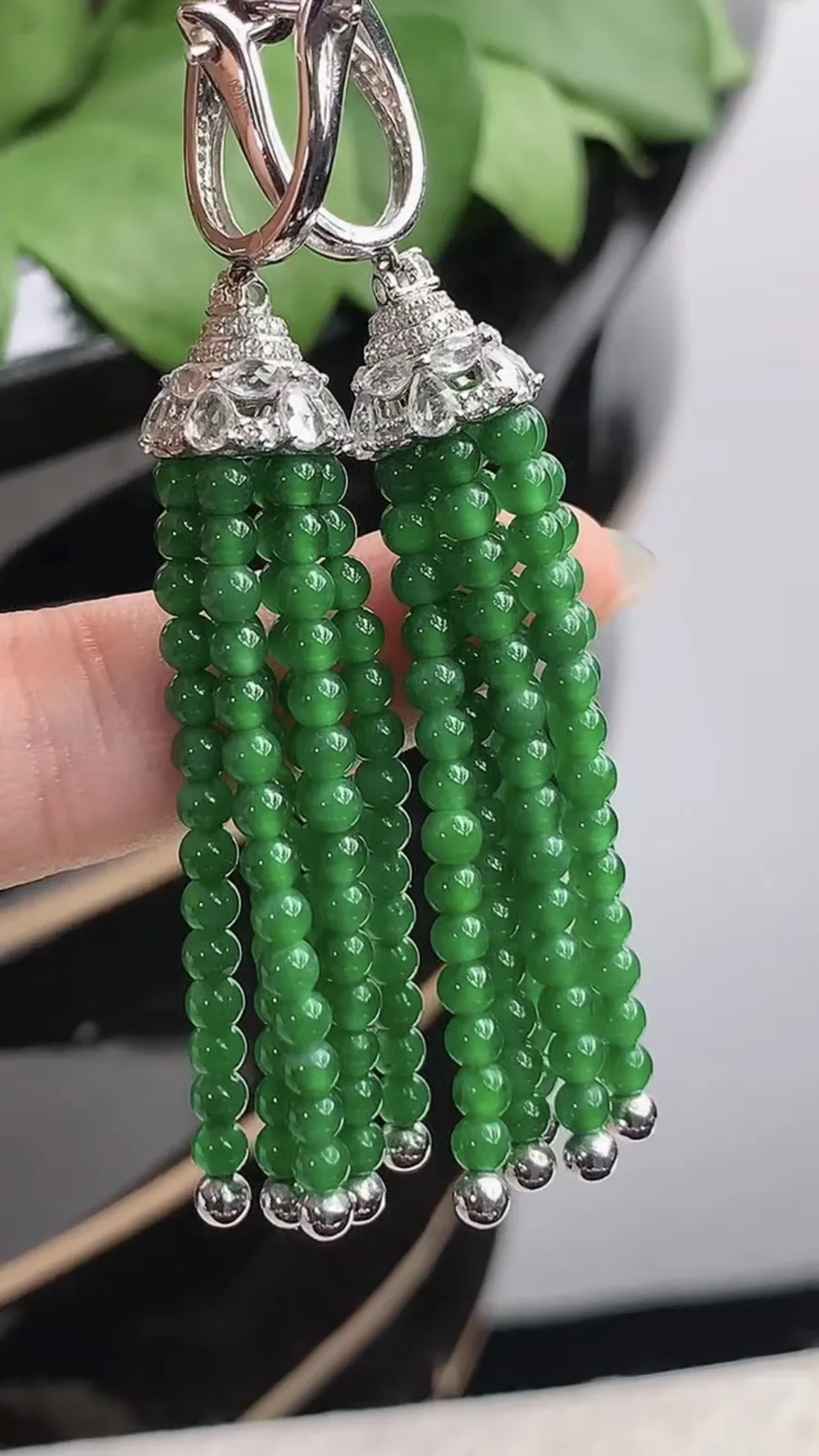 a货翡翠冰种18K金伴钻镶嵌满绿圆珠转运珠耳坠 尺寸2.8mm 重量12.96g 1216