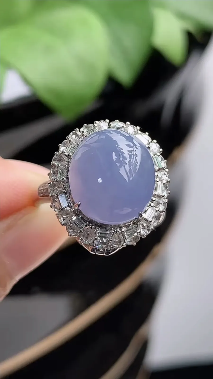 a货翡翠冰种18K金伴钻镶嵌紫罗兰蛋面戒指吊坠两用款 圈口17裸石尺寸12×10.8mm 重量6.83g 1216