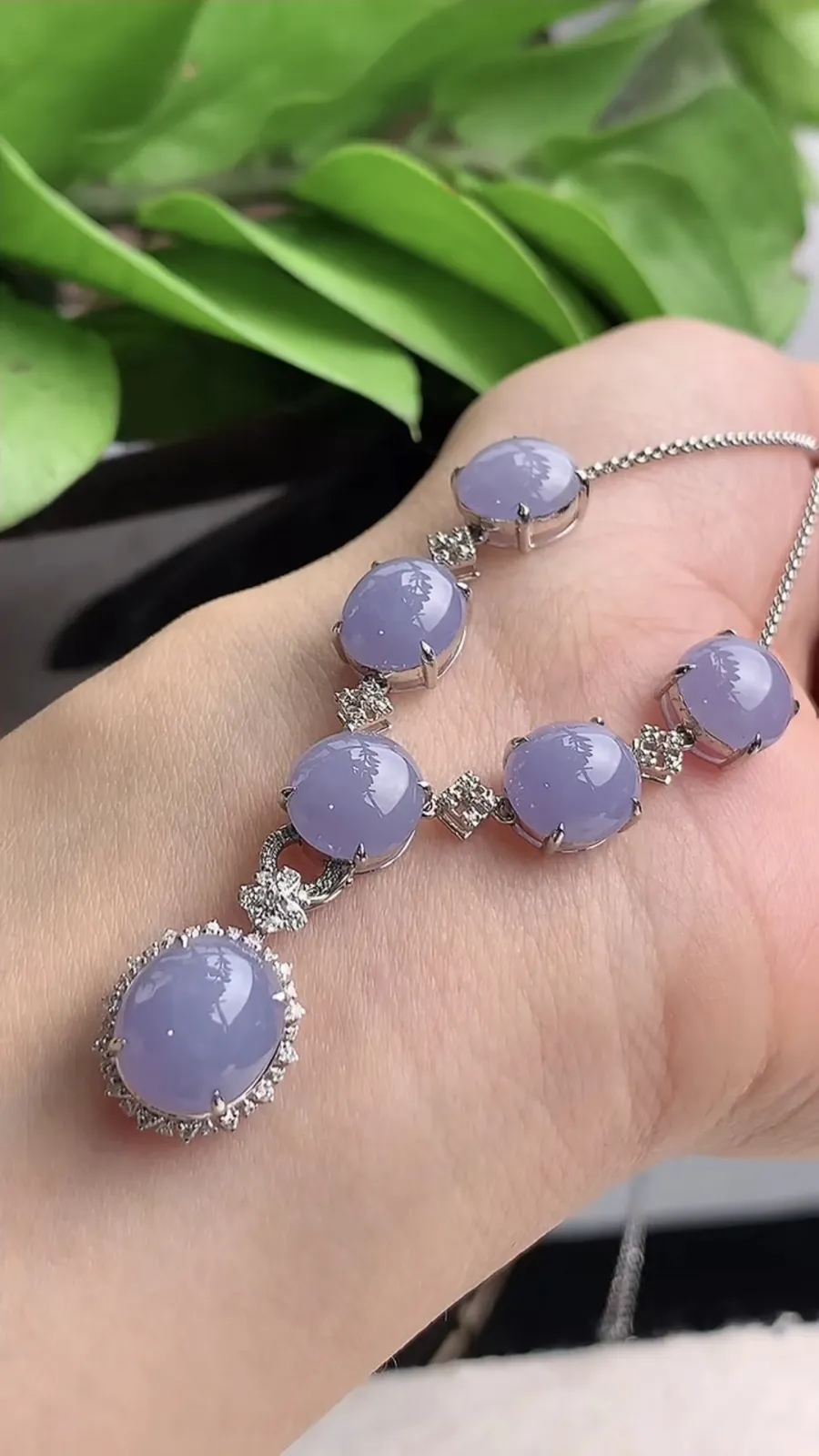 a货翡翠老坑冰种18K金伴钻镶嵌紫罗兰蛋面项链 尺寸10×9×9mm 重量8.82g 1215