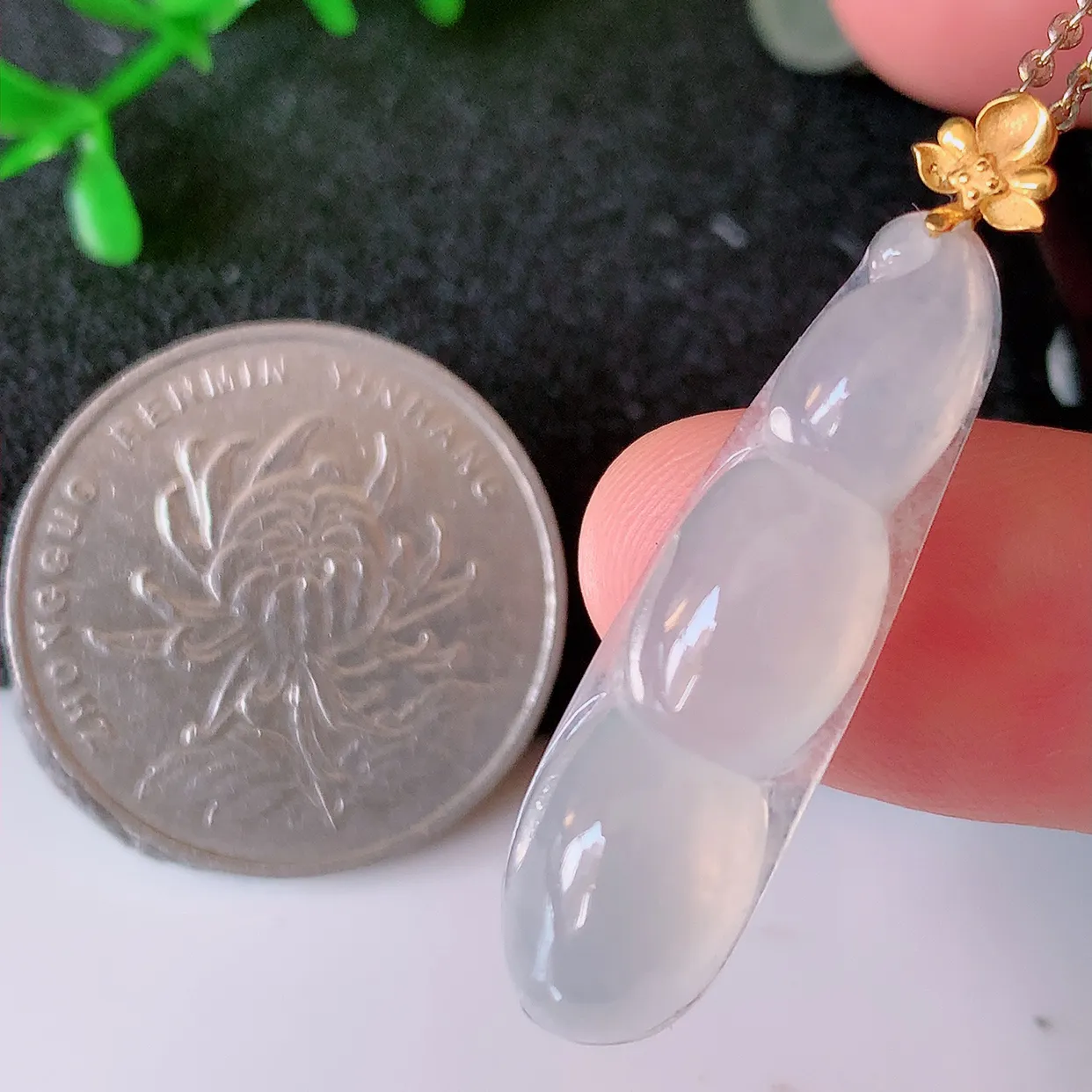 18K金镶嵌冰种翡翠四季豆吊坠，平安豆福豆玉坠，冰润通透，豆粒饱满，寓意：豆蔻年华！#41.18整体36.5裸石30.8*9*7