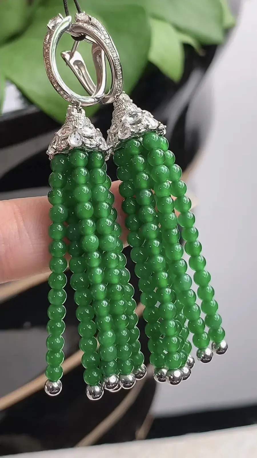 a货翡翠冰种18K金伴钻镶嵌满绿圆珠转运珠耳坠 尺寸2.8mm 重量12.96g 1216